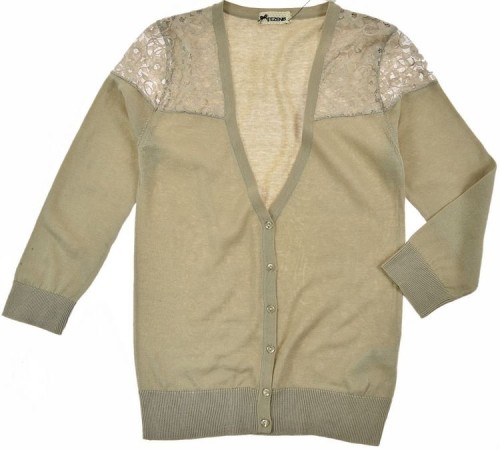 Tezenis krótki sweter rozpinany koronką beżowy