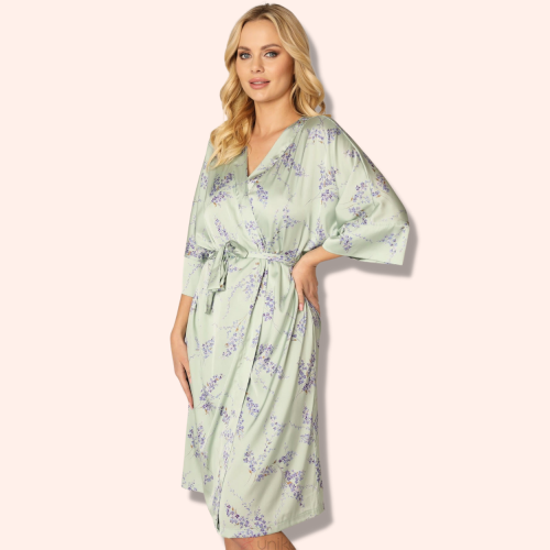 Unikat Emily szlafrok damski seledynowy print kwiaty wrzosu