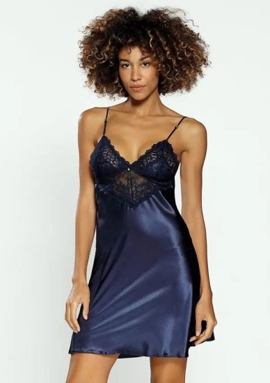Dkaren HALKA  ALICE z błyszczącej granatowej satyny z czarną koronką 